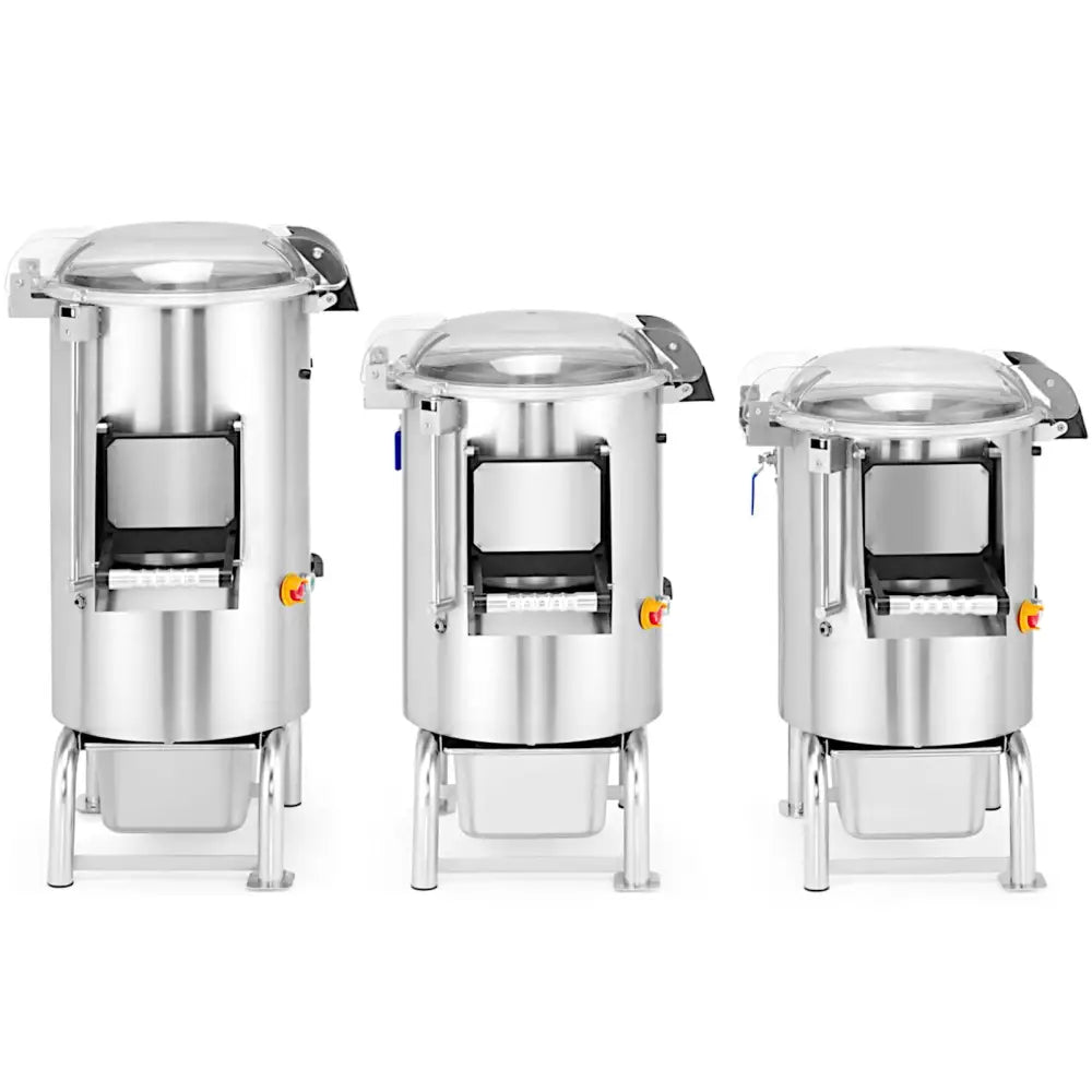Elektrisk potetskreller Kitchen Line, tre sylindriske maskiner i stål med åpne luker og synlige kontrollknapper.