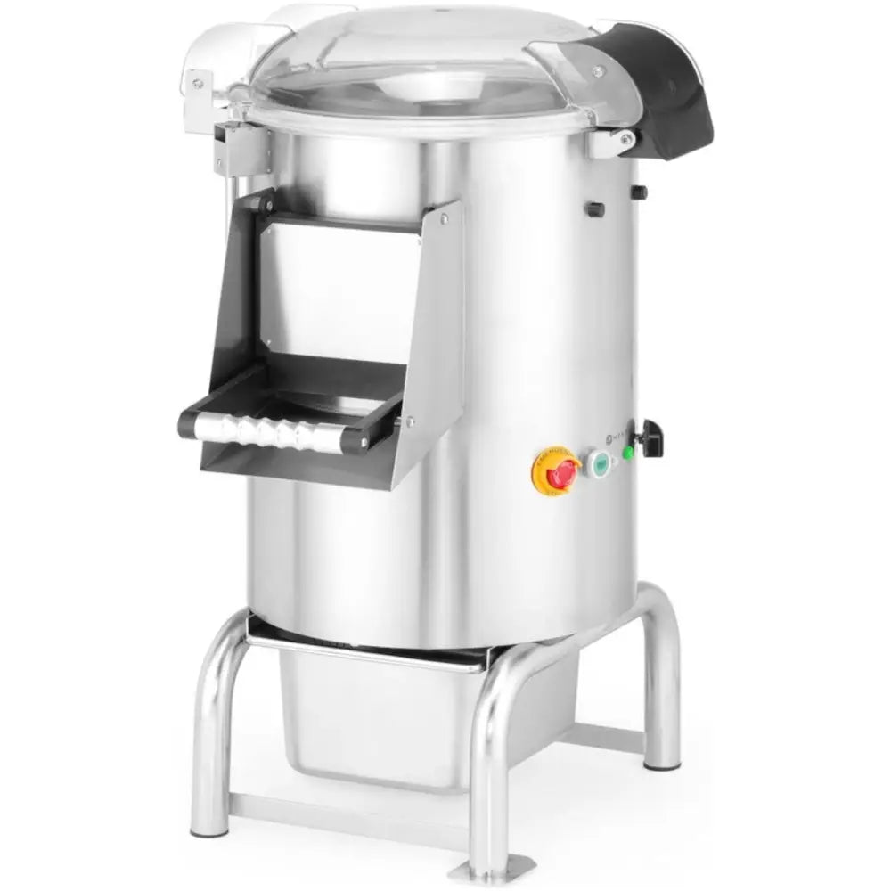 Elektrisk potetskreller Kitchen Line, skråvisning med gjennomsiktig lokk, sikkerhetsknapp og robust håndtak.