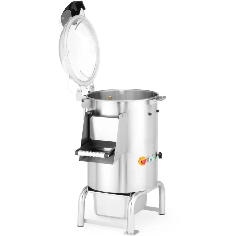 Elektrisk potetskreller Kitchen Line, skråvinkel med åpent lokk, synlig innmat, betjeningspanel og oppsamler.