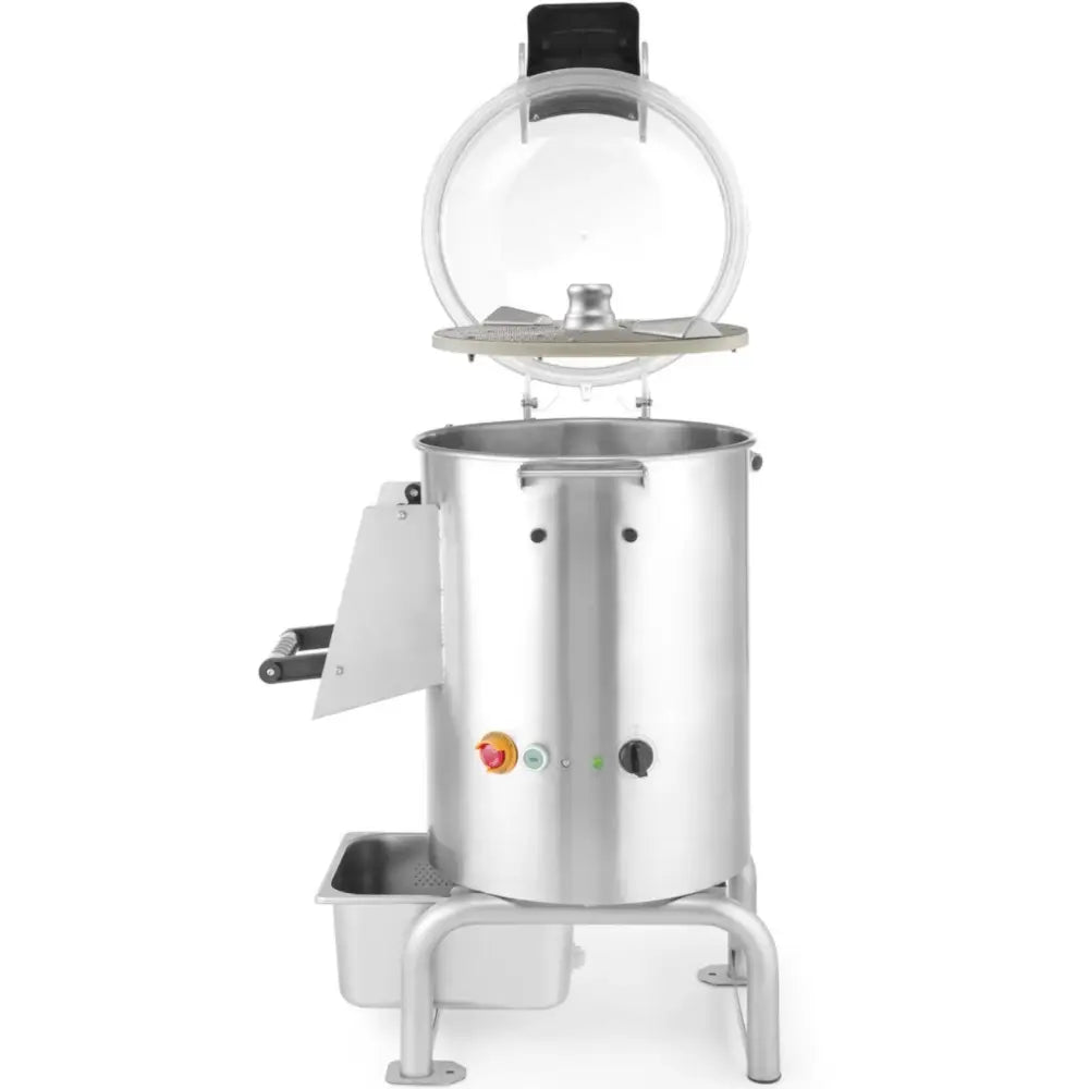 Elektrisk potetskreller Kitchen Line, frontvisning med åpent lokk, synlig panel og oppsamlingsbeholder.