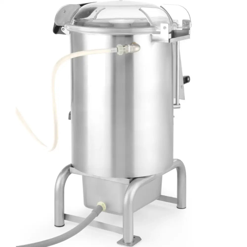 Elektrisk potetskreller Kitchen Line med gjennomsiktig lokk, sett fra siden med synlige tilkoblingsslanger.