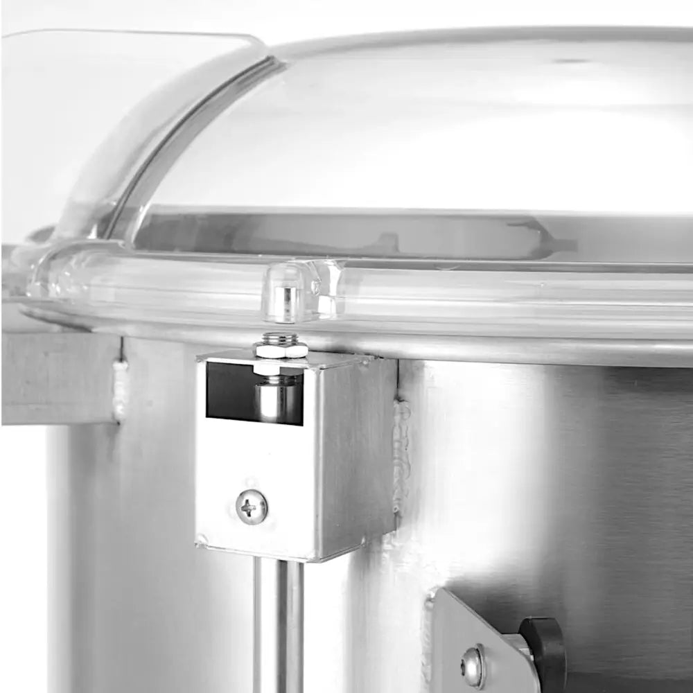 Elektrisk potetskreller Kitchen Line, sidevisning av rustfri beholder med lokk og detaljert hengsel.