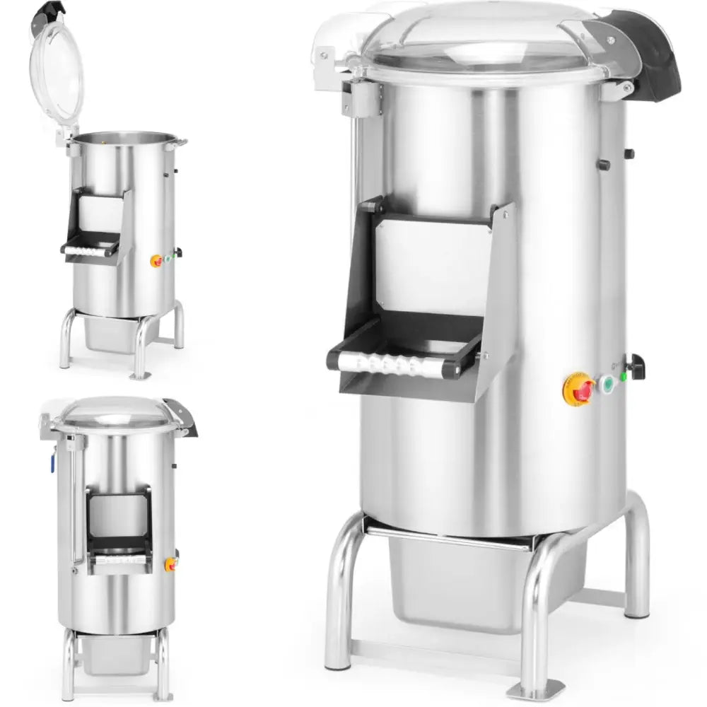 Elektrisk potetskreller Kitchen Line, sylinder i rustfritt stål med transparent lokk, synlig utløpsrør og betjeningspanel.