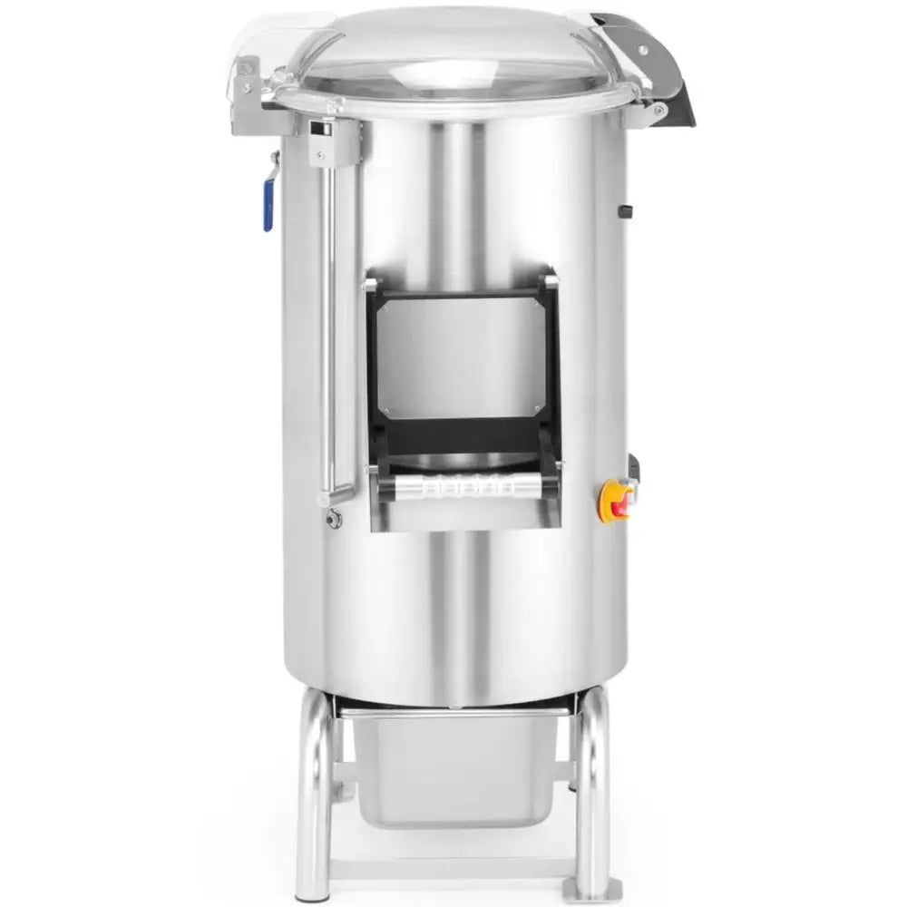 Elektrisk potetskreller Kitchen Line, frontvisning med gjennomsiktig lokk, nødknapp og beholder under.