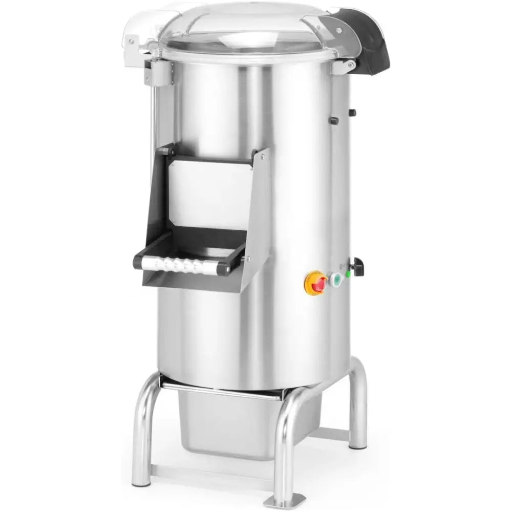 Elektrisk potetskreller Kitchen Line, sett skrått forfra med lokk, kontrollpanel og uttrekkbar skuff synlig.