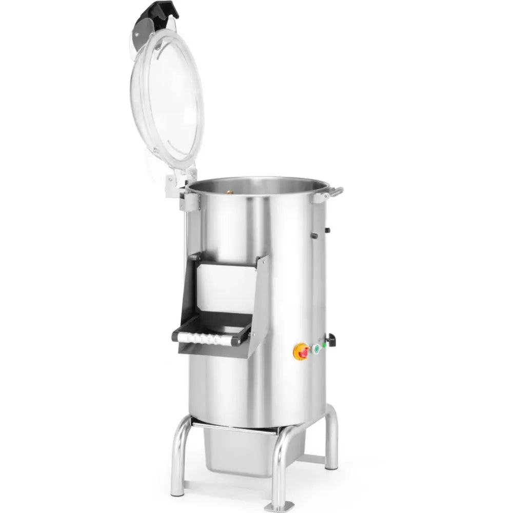 Elektrisk potetskreller Kitchen Line, skråvisning med åpent lokk, synlige knapper, håndtak og pedal.