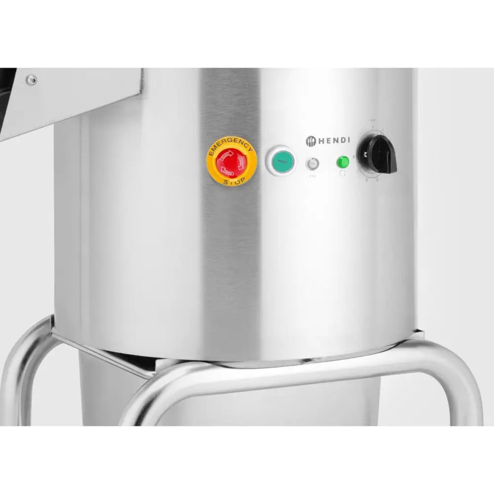 Elektrisk potetskreller i rustfritt stål, nærbilde av kontrollpanel med nødstopp og indikatorlys.