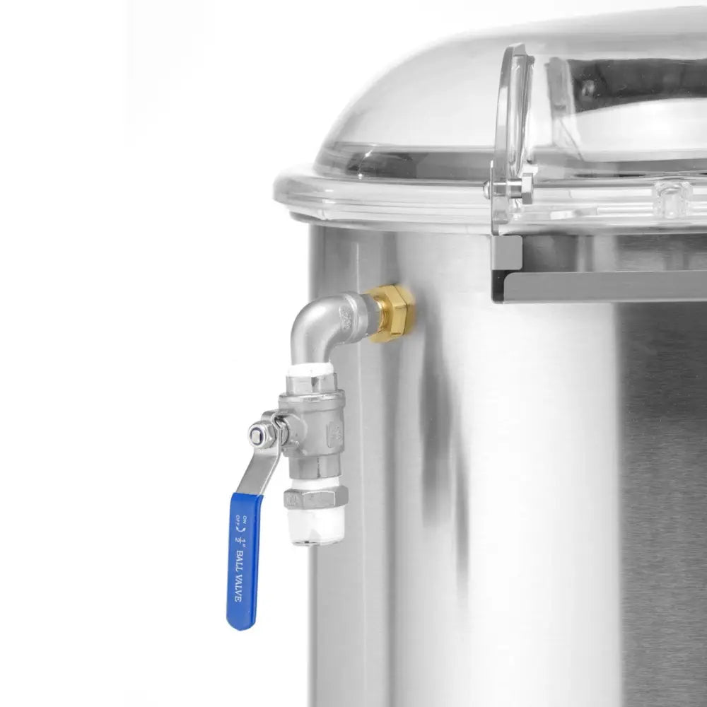 Elektrisk potetskreller Kitchen Line, nærbilde av blå kran på rustfri beholder med gjennomsiktig lokk.