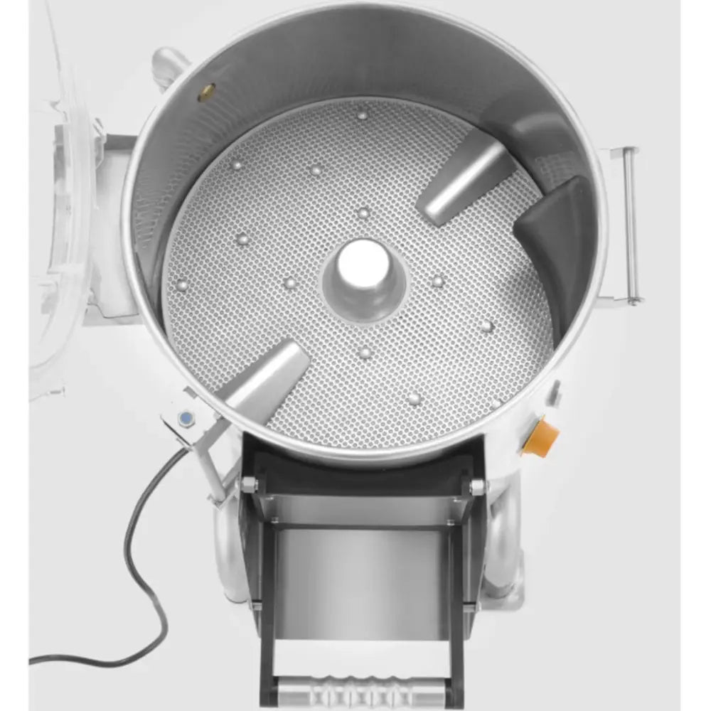 Elektrisk potetskreller i rustfritt stål, toppvisning som fremhever perforert bunn og skrå innvendige føringer.