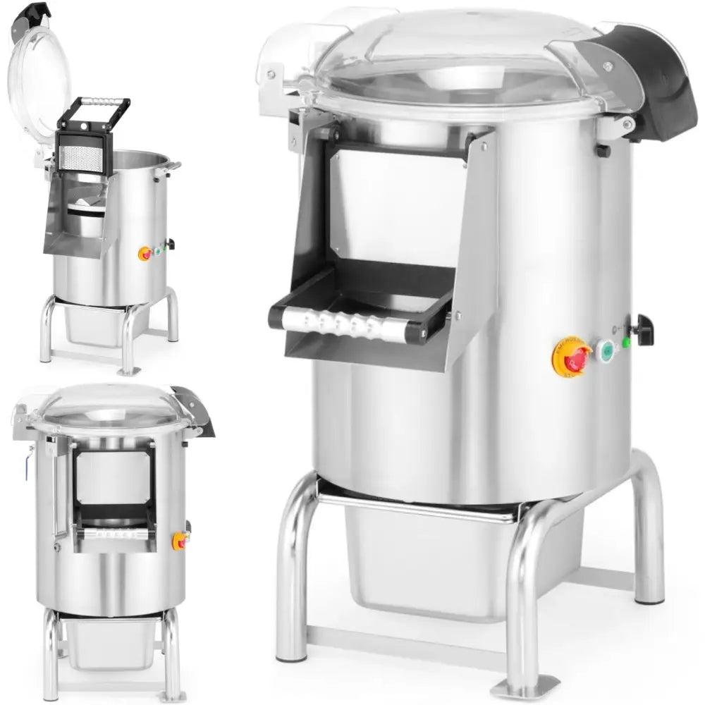 Elektrisk potetskreller Kitchen Line, sett fra siden med lokk i klar plast og synlig uttaksskuff foran.