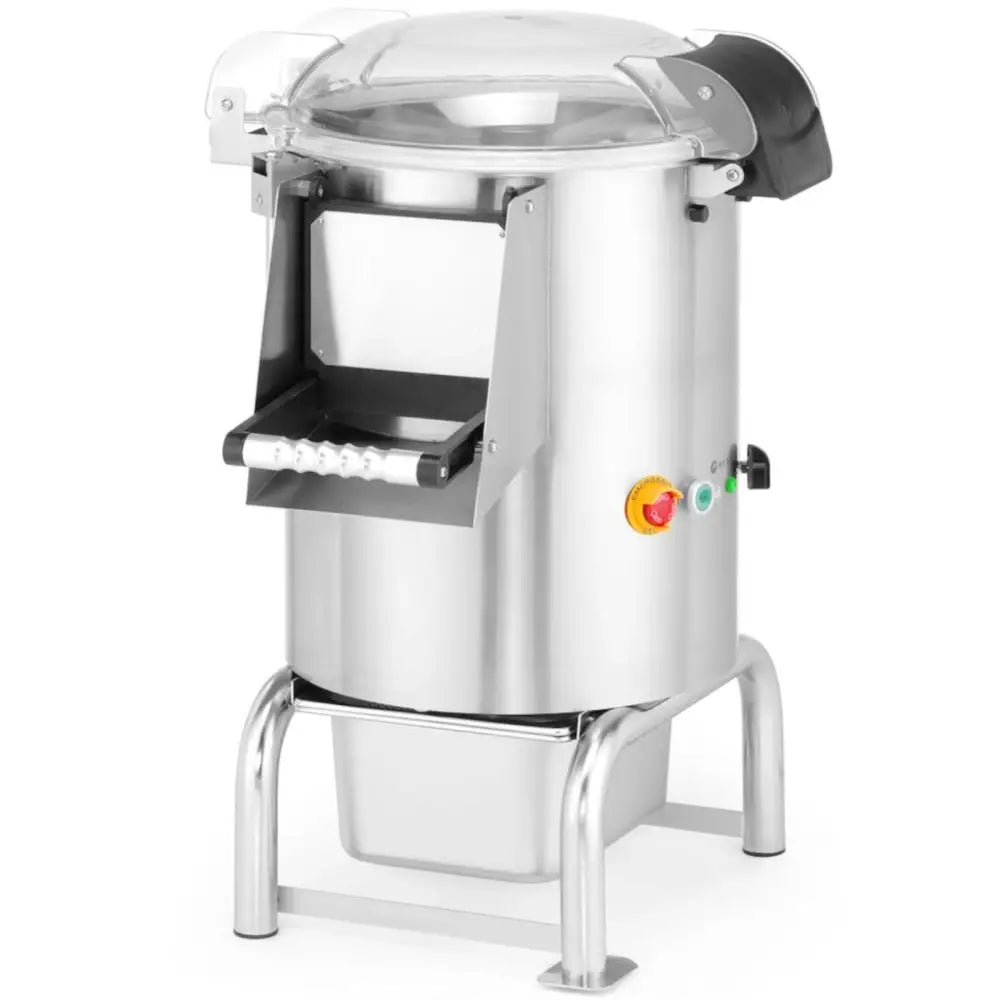 Elektrisk potetskreller Kitchen Line i rustfritt stål, skråvisning med lokk, håndtak og fargede knapper.