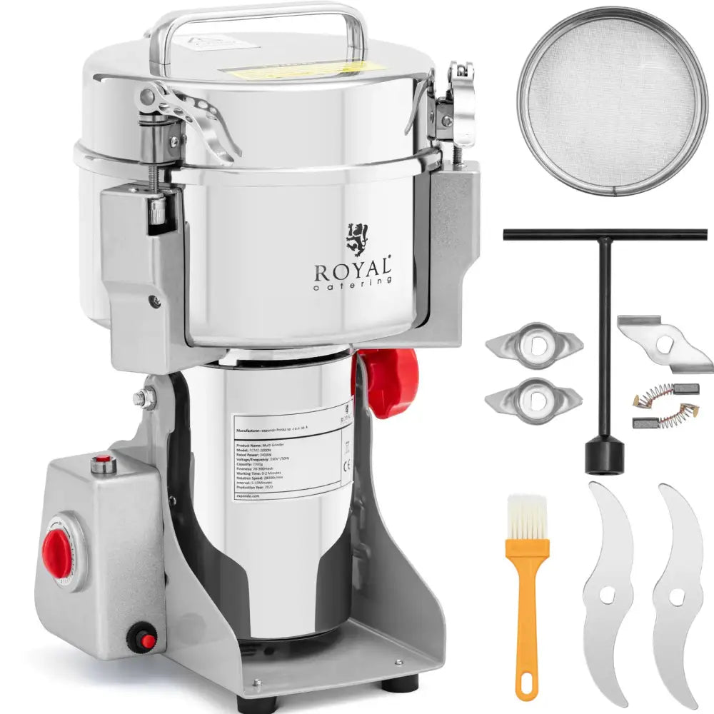Elektrisk krydder- og kaffekvern i rustfritt stål med tilbehør, sidevisning av maskin og utstyr.