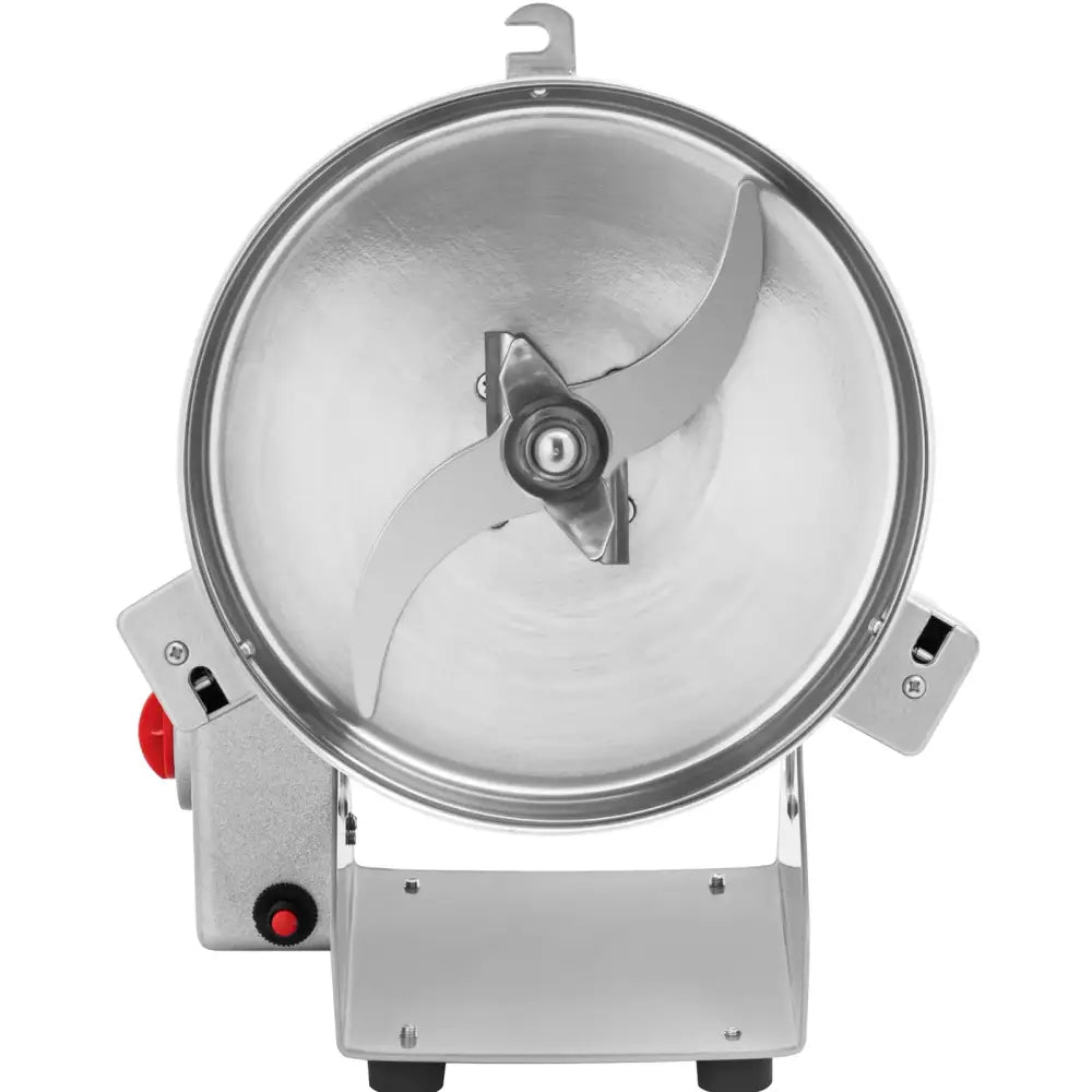 Elektrisk krydder- og kaffekvern, toppvisning av stålbeholder med to metallblader og detaljerte festemekanismer.