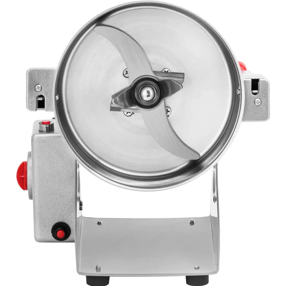 Elektrisk krydderurter- og kaffekvern i rustfritt stål, frontvisning med synlige knivblader og fargede knapper.