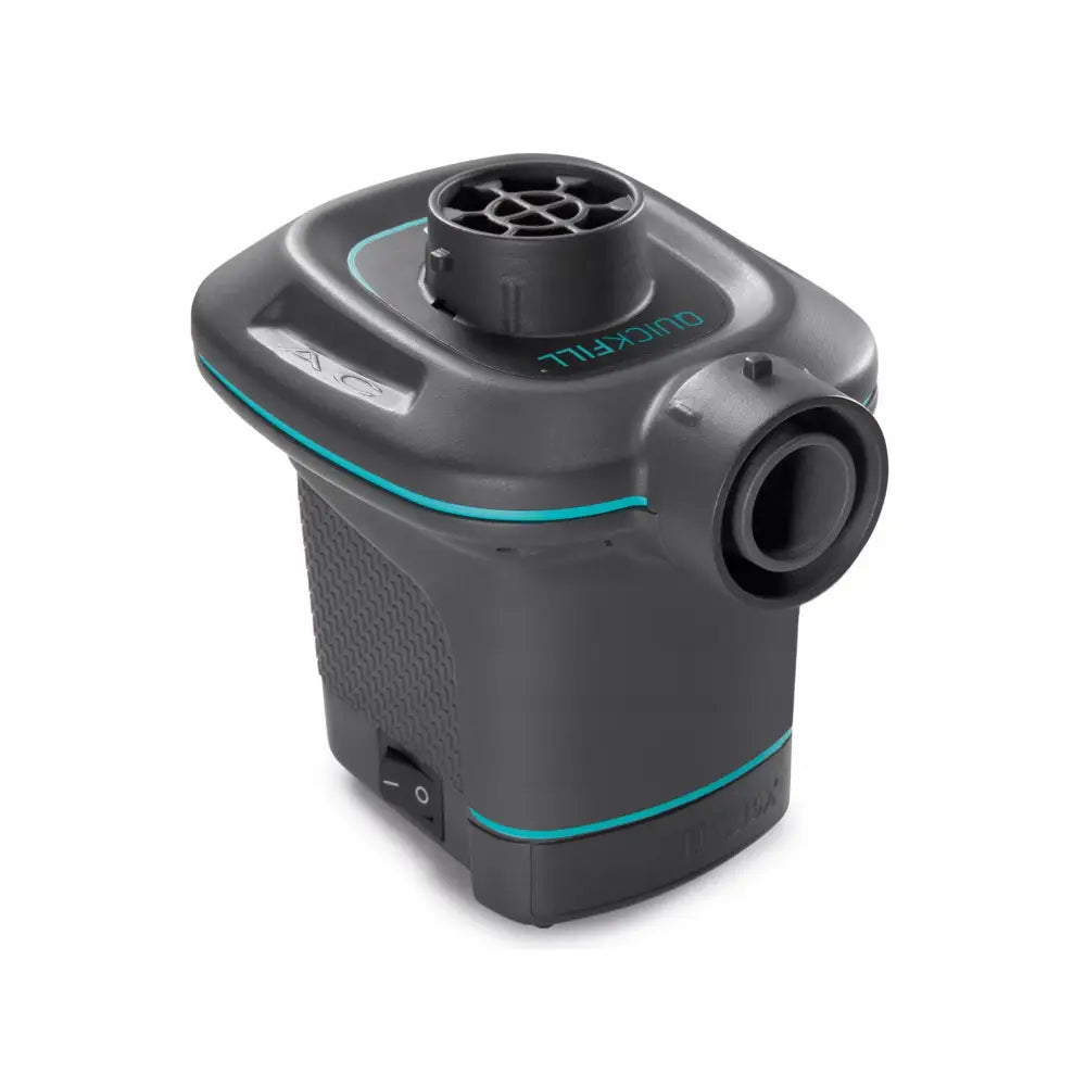 Elektrisk pumpe for Intex gummibåt, skrå vinkel med synlig av/på-bryter og strukturert sidegrep.