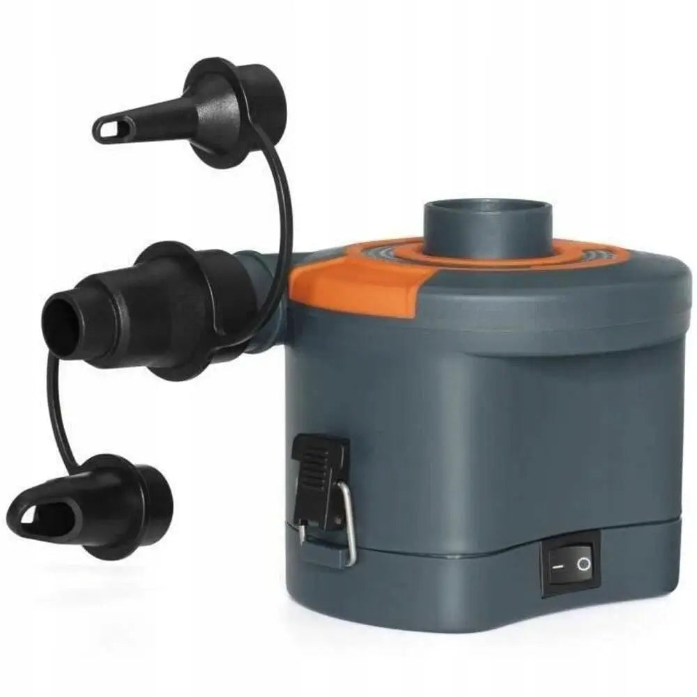 Elektrisk pumpe Bestway, mørkegrå med oransje detaljer, sidevisning med tre munnstykker og svart slange.