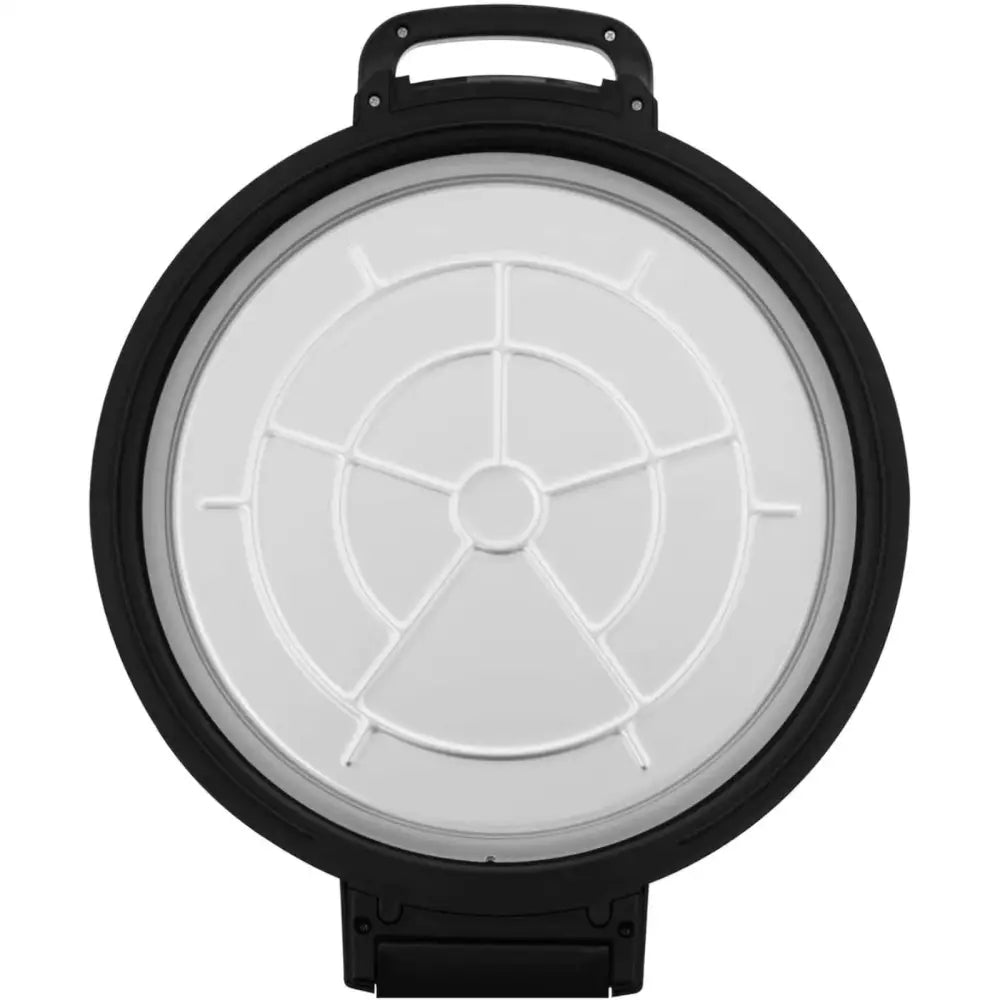 Hvitt, rundt filter med svart ramme til elektrisk risvarmer, frontvisning med synlig håndtak og sirkulært mønster.