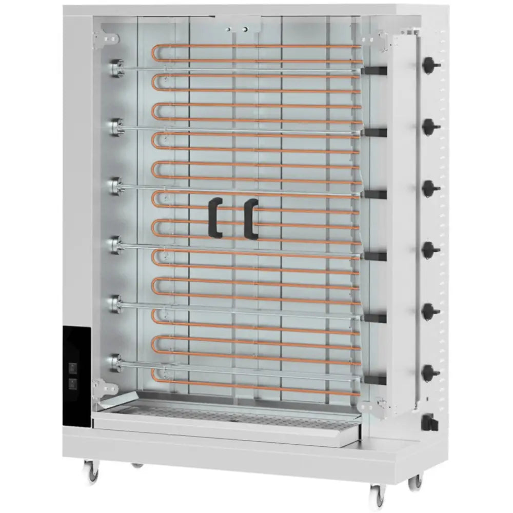 Elektrisk grill for 24-30 kyllinger, seks nivåer med roterende spyd, sett forfra med ståldetaljer og hjul.