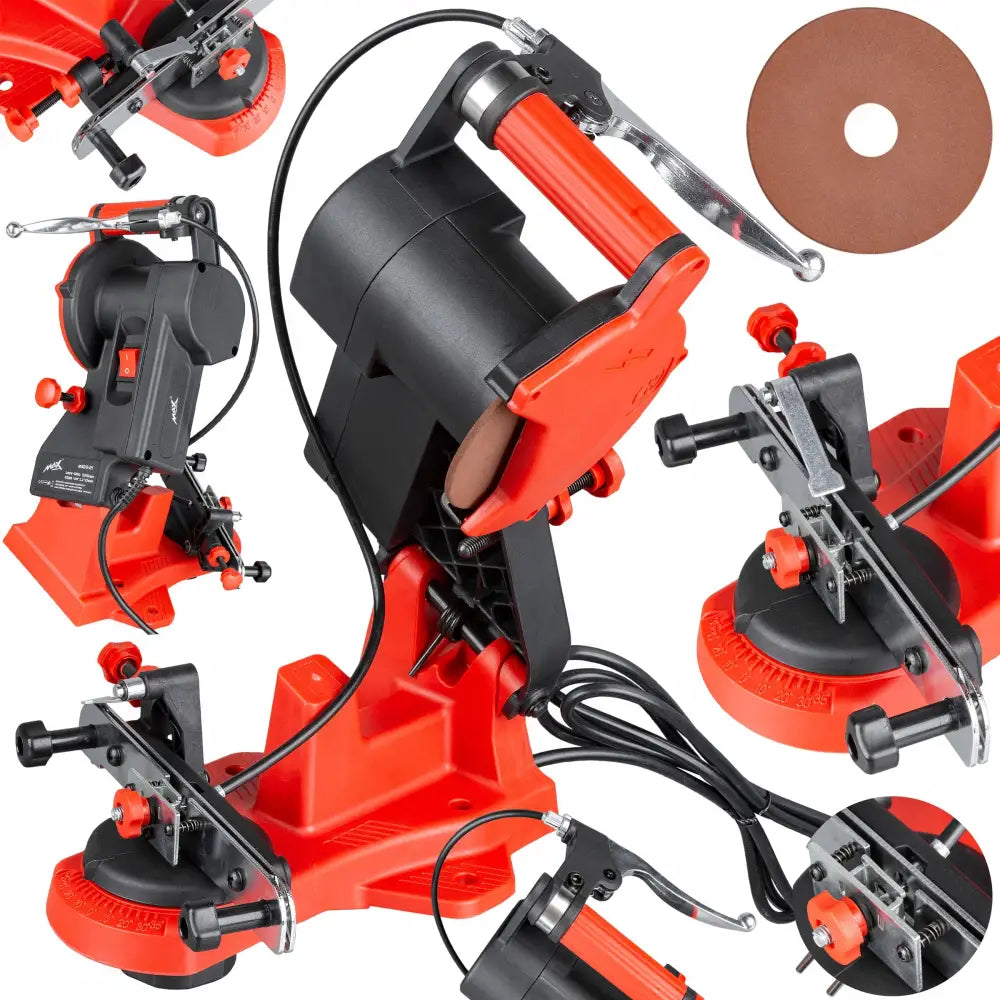 Elektrisk sagkjedesliper med to slipeskiver, nærbilde av justeringsmekanismer og ergonomisk håndtak.