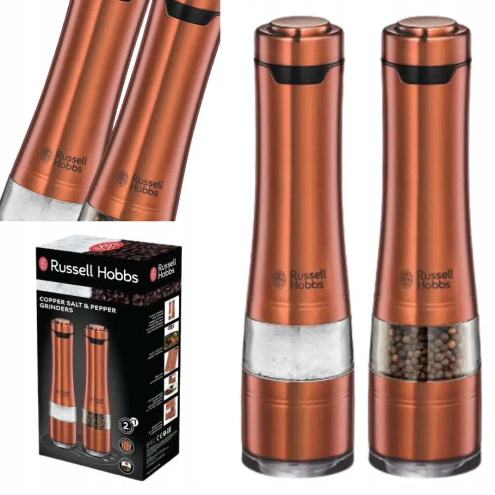 Elektrisk salt- og pepperkvernsett i kobber, sett fra siden med tilhørende gaveeske synlig.