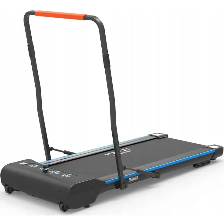 Sammenleggbar tredemølle FUNFIT V2, sort med blå detaljer og oransje håndtak, bakfra skrå vinkel.