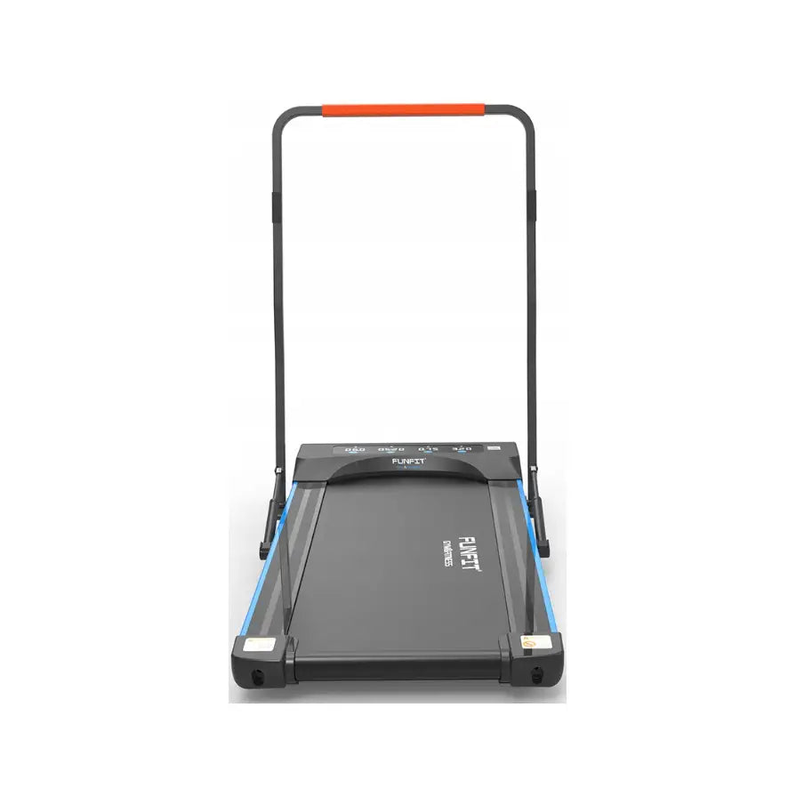 Sammenleggbar tredemølle FUNFIT V2, frontvisning med blå sidepaneler og oransje håndtak på hvit bakgrunn.