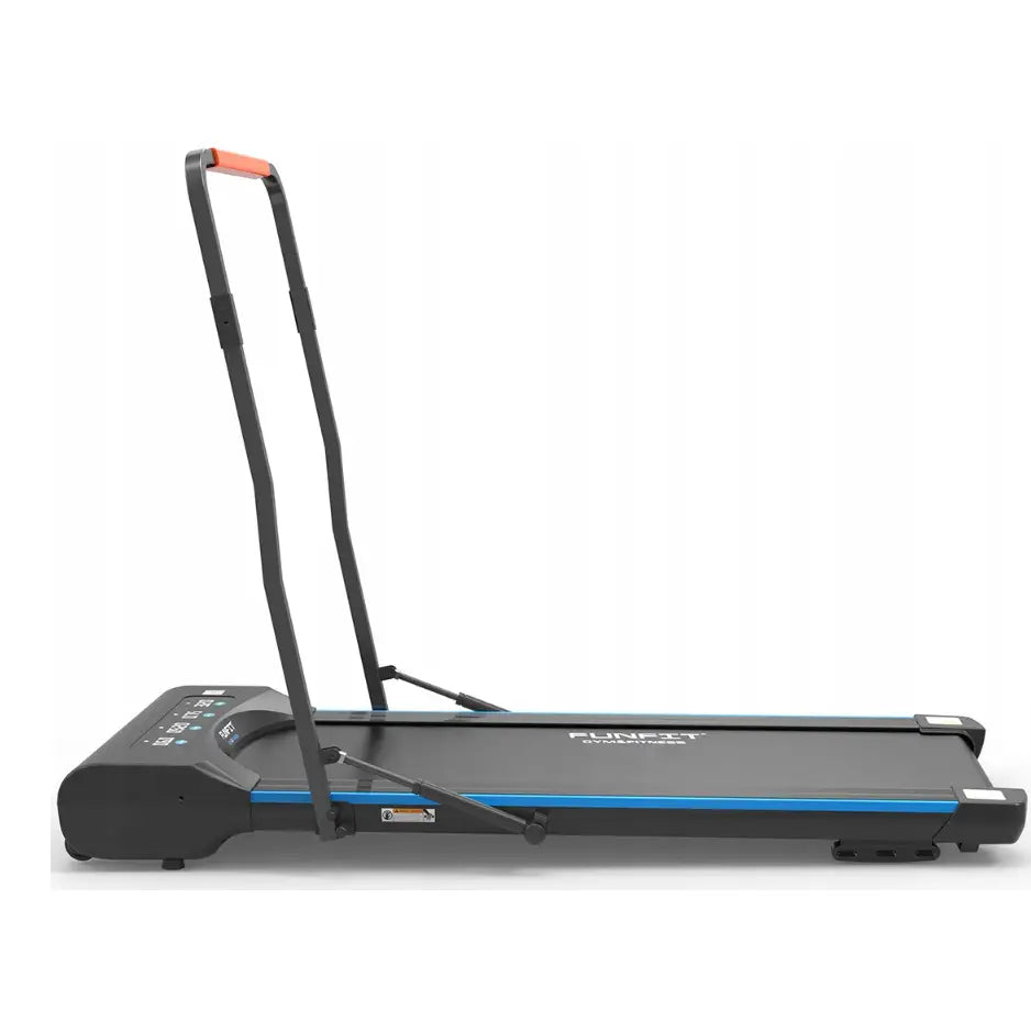 Sammenleggbar tredemølle FUNFIT V2, sidebilde som fremhever blå løpebåndsdetaljer og oransje håndtaksgrep.