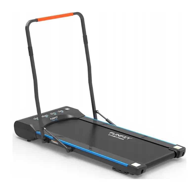Sammenleggbar tredemølle FUNFIT V2, skråvisning med blå detaljer, oransje håndtak og digitalt kontrollpanel.