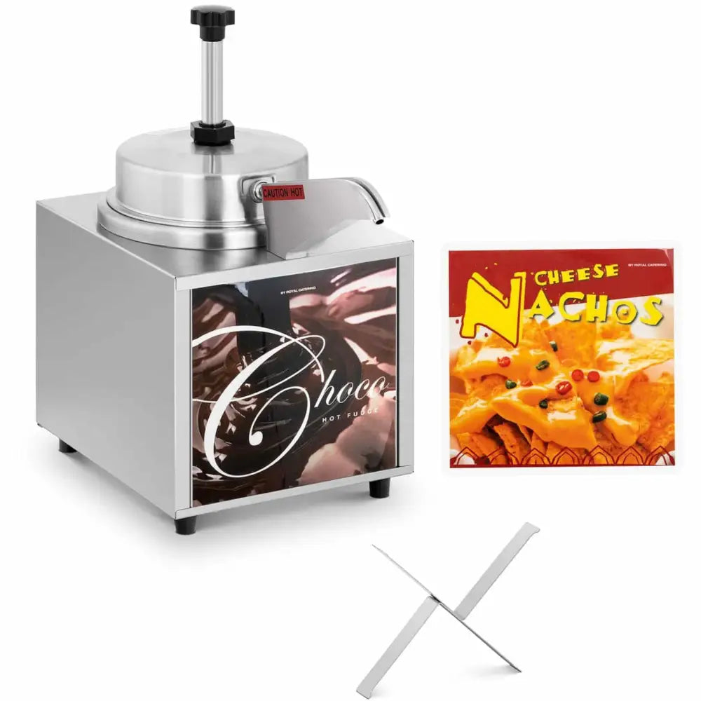 Elektrisk sjokoladesausoppvarmer, skråvisning med metallpumpe, nachosbilde og metallkryss synlig.