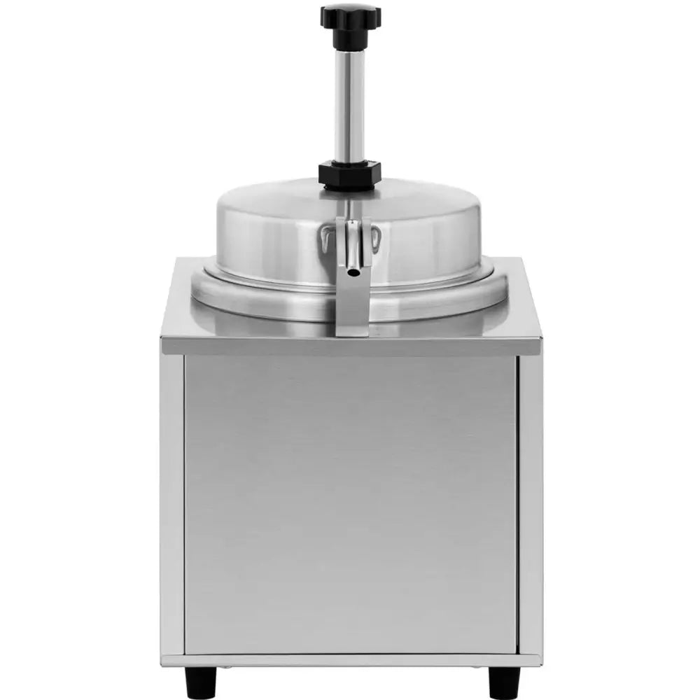 Elektrisk sjokoladesausoppvarmer 4,5 l, frontbilde med sort håndtak og rundt lokk på stålbeholder.