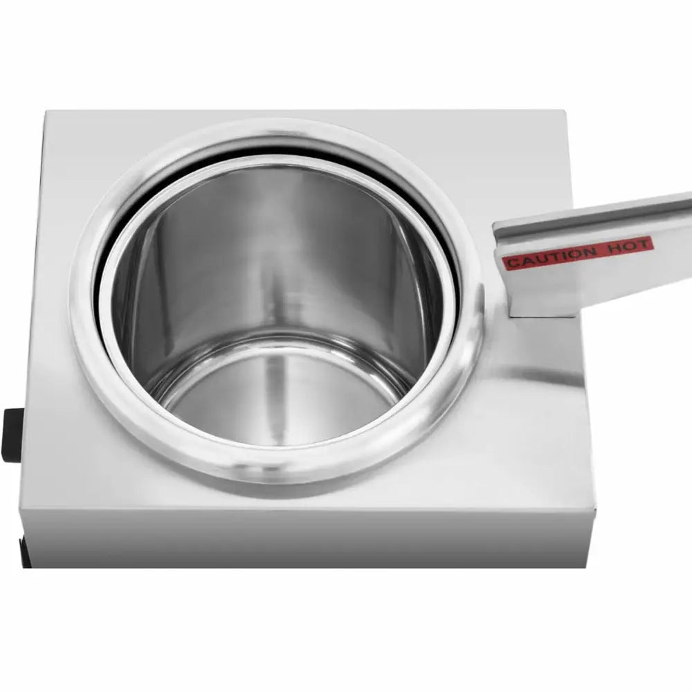 Elektrisk sjokoladesausoppvarmer, toppvisning av rund ståltank og tydelig rødt advarselsmerke på håndtaket.