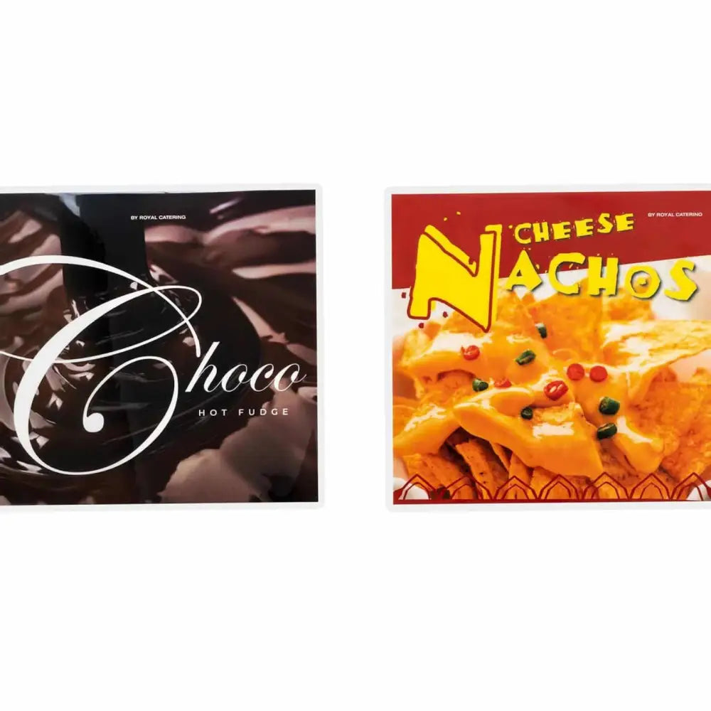 Elektrisk sjokoladesausoppvarmer, nærbilde av frontplakater for Choco Hot Fudge og Cheese Nachos.