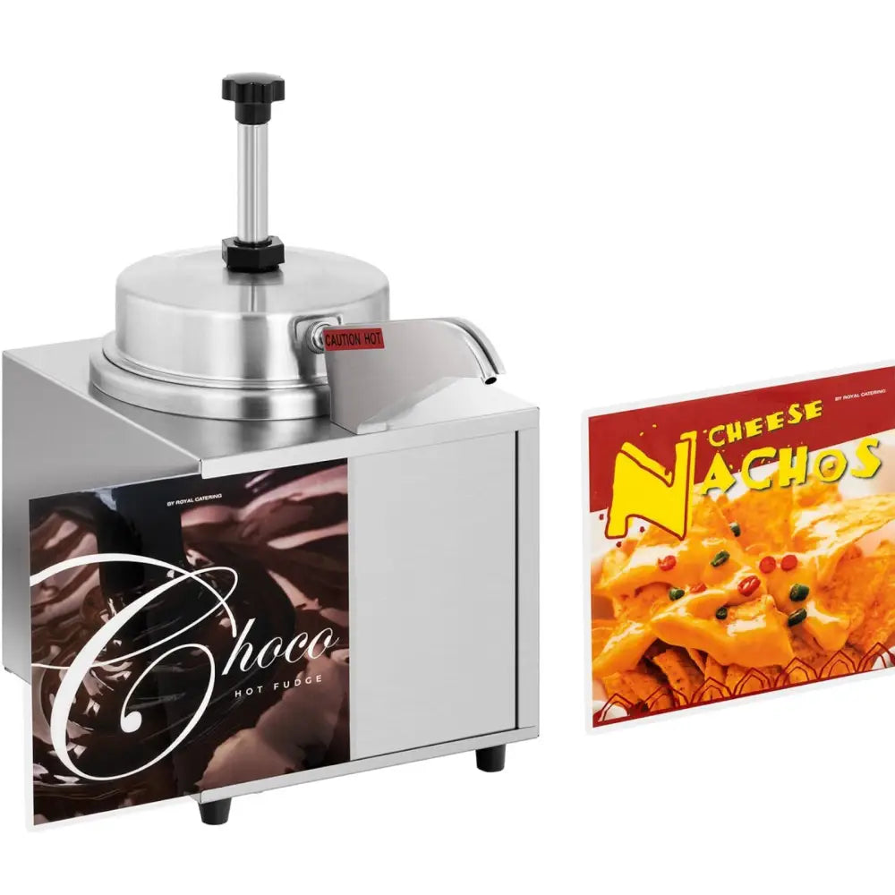 Elektrisk sjokoladesausoppvarmer i rustfritt stål, nærbilde av pumpe og "Choco Hot Fudge"-dekor.