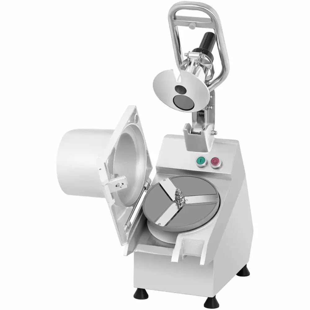 Elektrisk skiver og rive maskin, skråvisning med åpent lokk og synlig knivblad, to knapper foran.