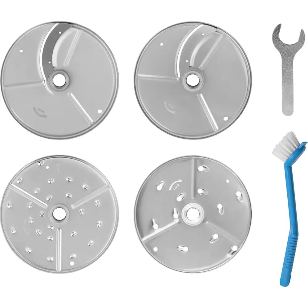 Fire utskiftbare metallskiver til skjæremaskin, med nøkkel og blå rengjøringsbørste sett ovenfra.