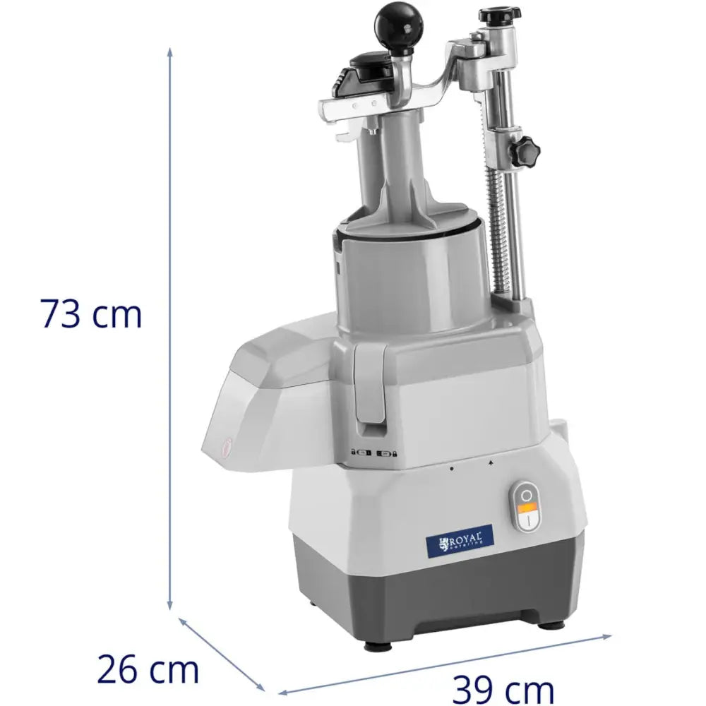 Elektrisk grønnsaksskjærer i grått og sølv, skrå visning med synlig av/på-knapp og målopplysninger ved siden av.