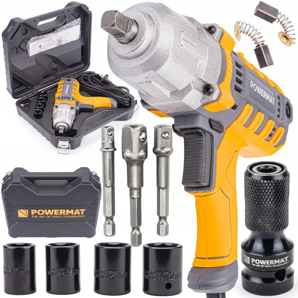 Elektrisk slagtrekker for bilhjul med gult håndtak, piper, bits, kullbørster og koffert mot hvit bakgrunn.