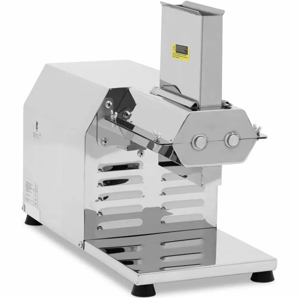 Elektrisk Steaker kjøttkvern i rustfritt stål, skrå vinkel med to knapper og innmatingsrør på toppen.