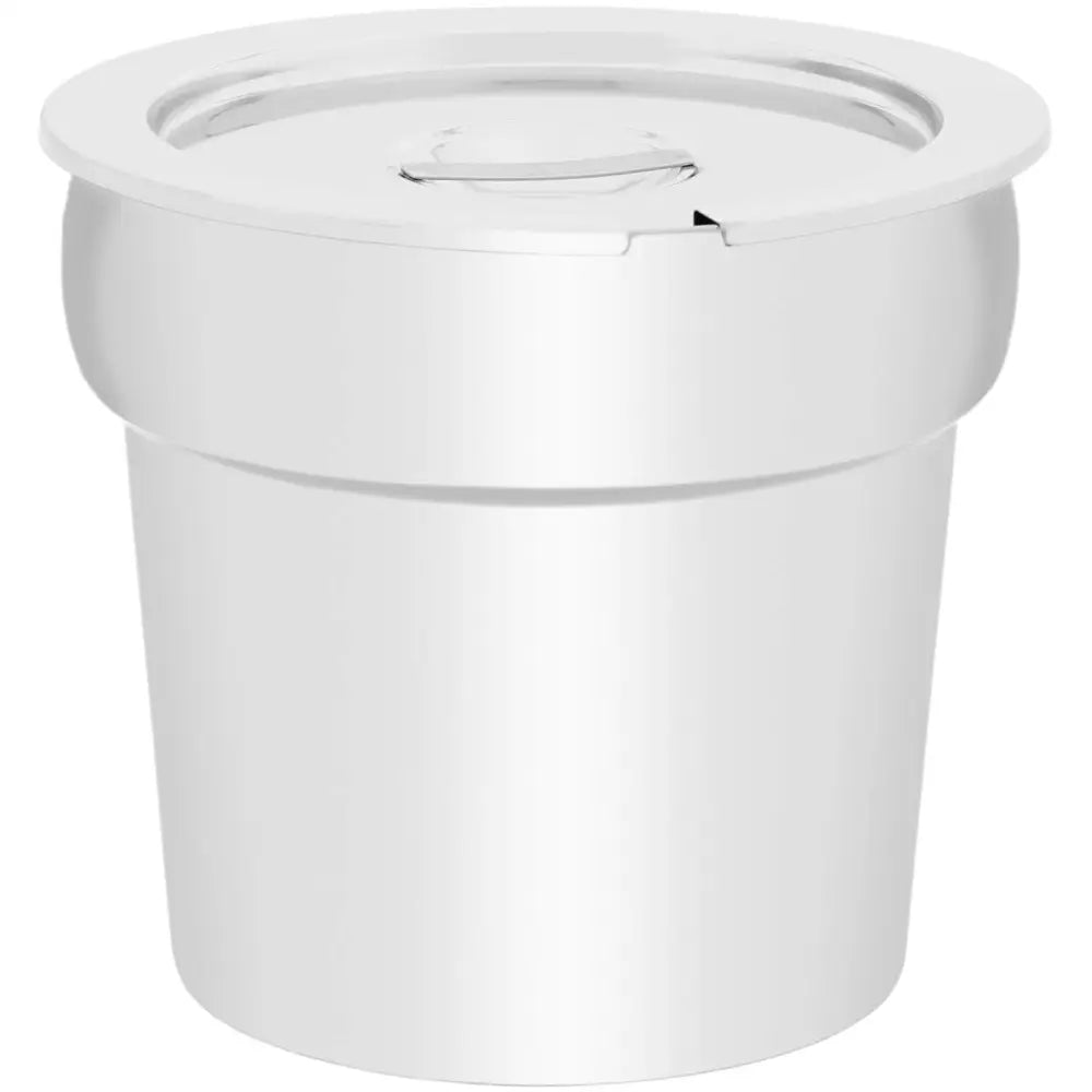 Elektrisk suppe fonduesmelter, hvit plastbeholder med lokk og klaffåpning, skrå vinkel.