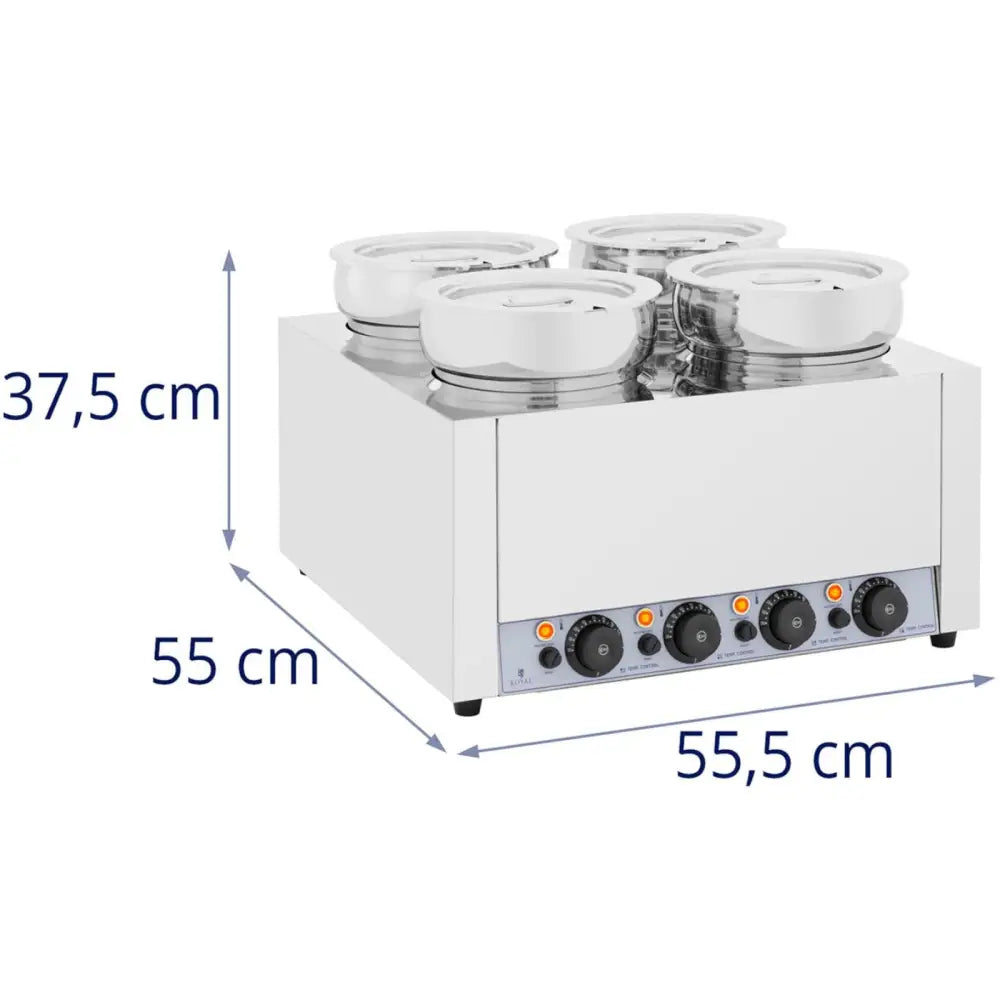 Elektrisk suppe fonduesmelter med fire runde beholdere, sett fra hjørnet, viser mål og lokk på hver beholder.