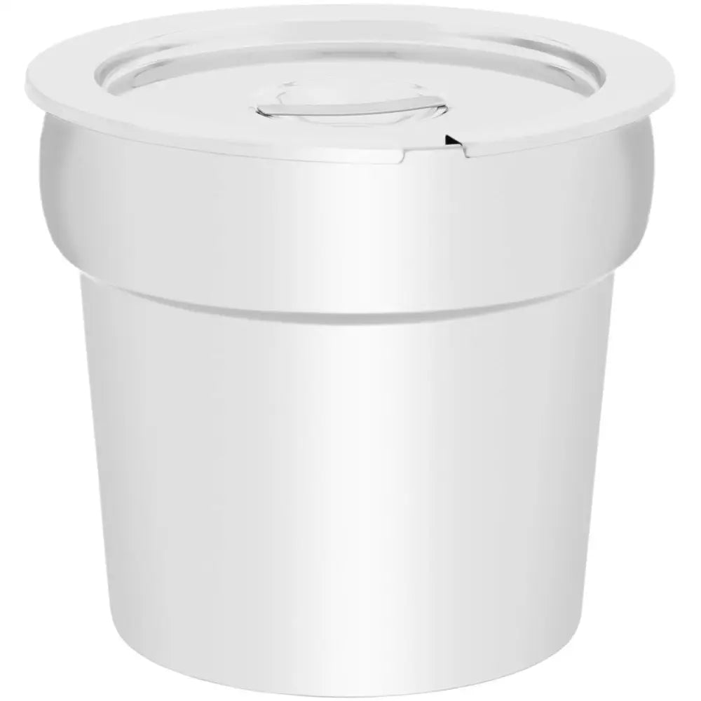 Elektrisk suppe- og sjokoladefonduevarmer, hvit plastbeholder med tett lokk og avrundet åpning sett skrått forfra.