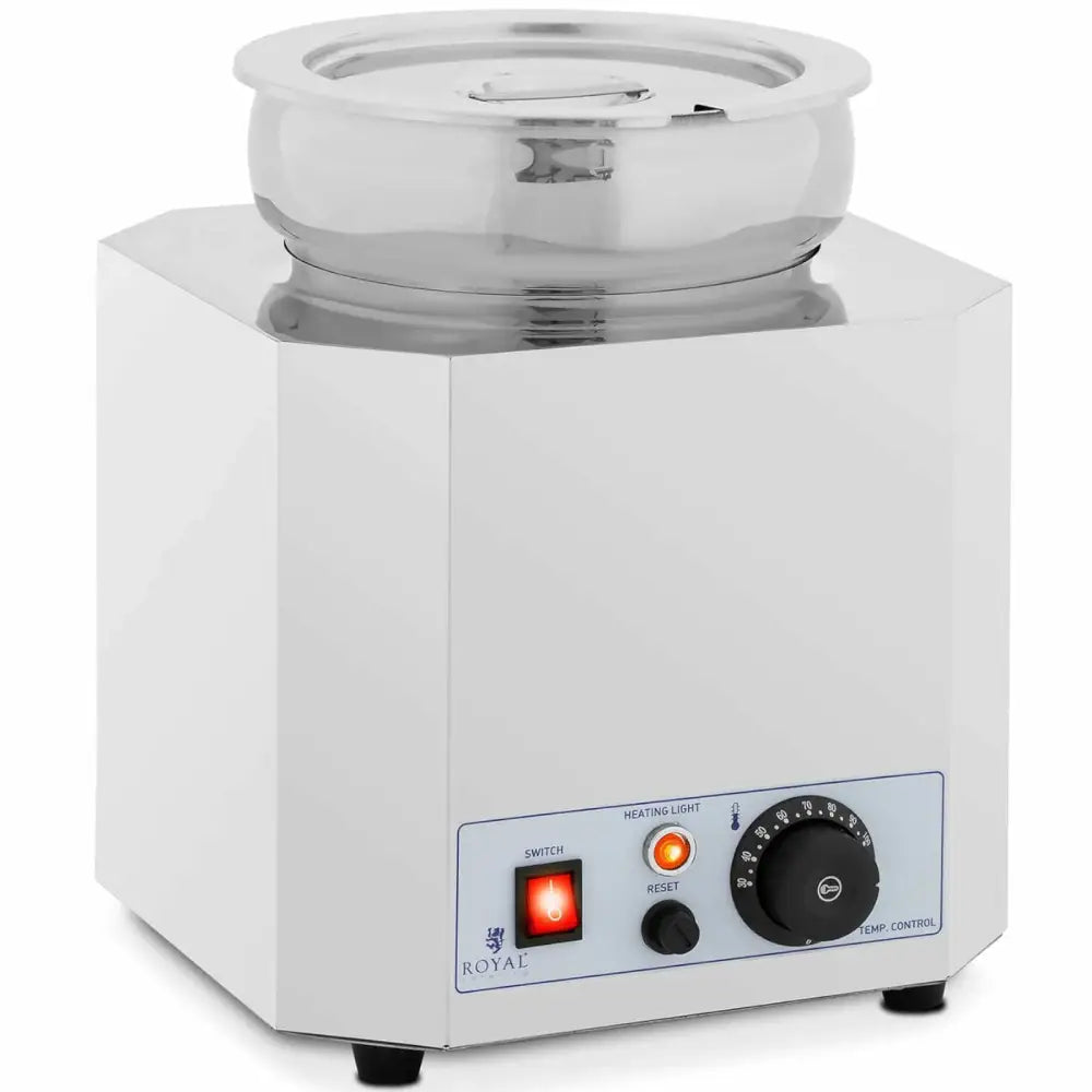 Elektrisk suppevarmer 7L i rustfritt stål, skrå vinkel med synlig betjeningspanel og rund metallbeholder.