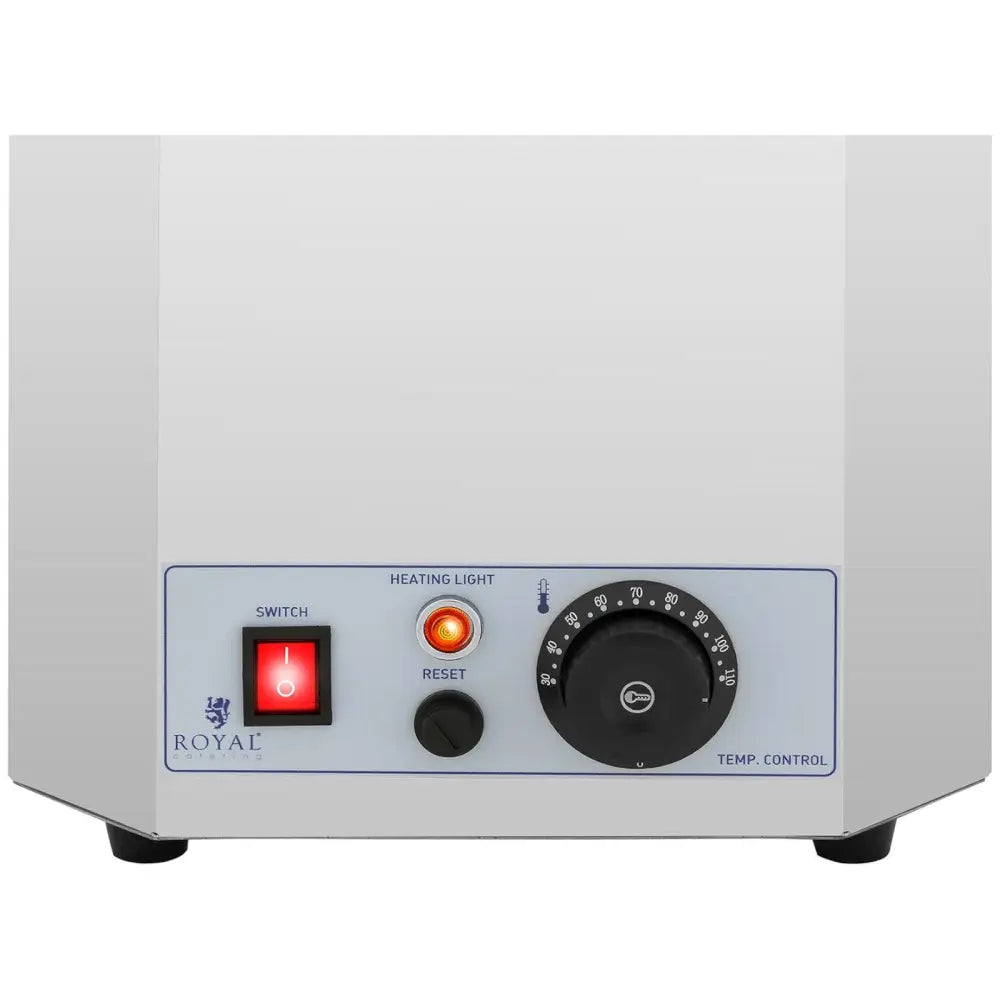 Elektrisk suppevarmer 7L, frontbilde som fremhever kontrollpanelets brytere og temperaturregulering.