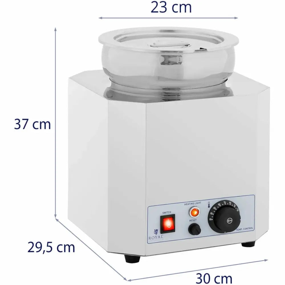 Elektrisk suppevarmer 7L i hvitt og sølv, skrå forfra med synlig betjeningspanel og kompakte mål.