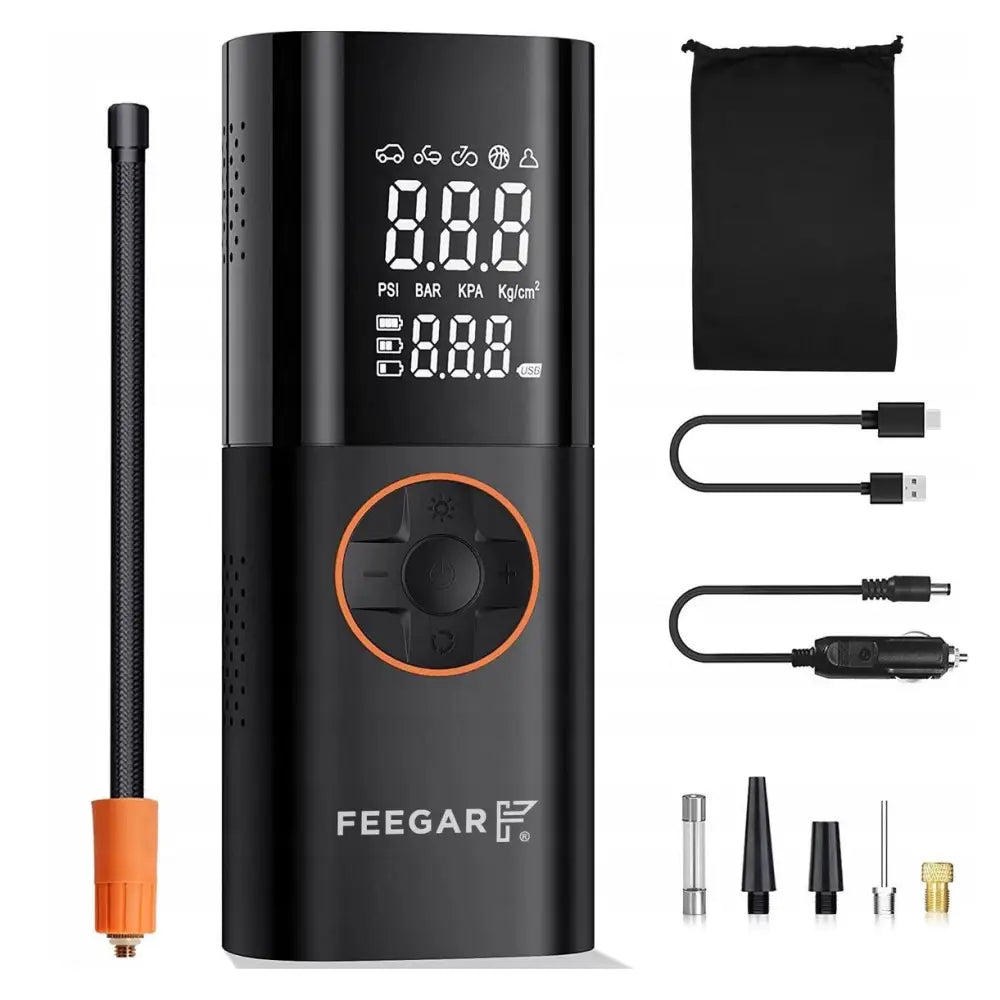 Elektrisk sykkel- og bilpumpe kompressor, frontvisning med LED-display, tilbehør og ulike ventiler.