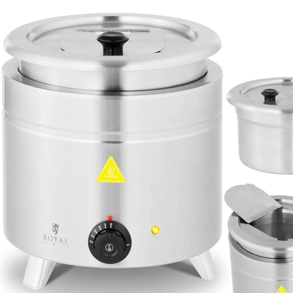 Elektrisk termos gryte for suppe, sølvfarget med rund topp, temperaturbryter og to ekstra beholdere.