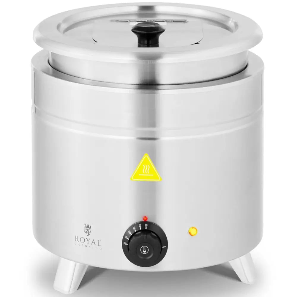 Elektrisk termos gryte for suppe, 11L, frontvisning med lokk, temperaturkontroll og indikatorlys synlig.