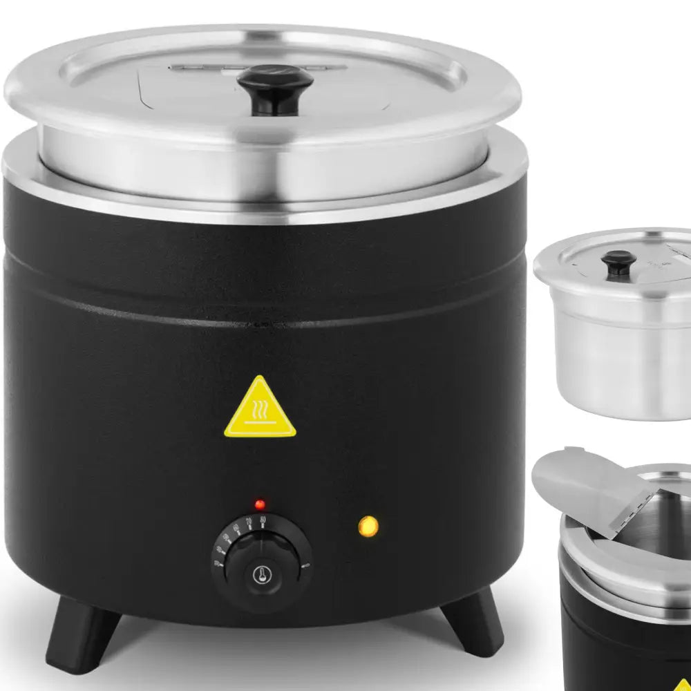 Elektrisk termostatkjele for suppe, sort modell med temperaturkontroll og lokk i rustfritt stål, sett fra siden.