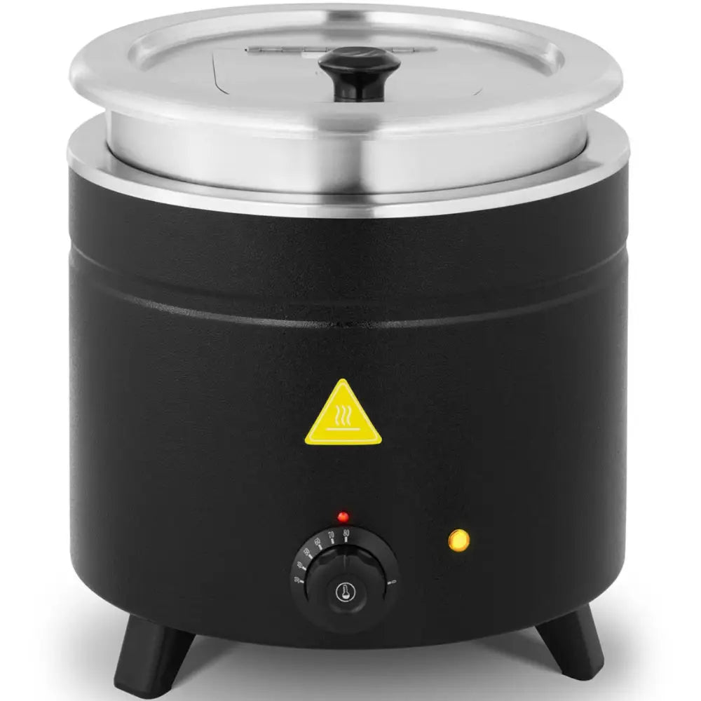 Elektrisk termostatkjele for suppe, svart beholder med sølv lokk, synlig kontrollbryter og advarselssymbol.