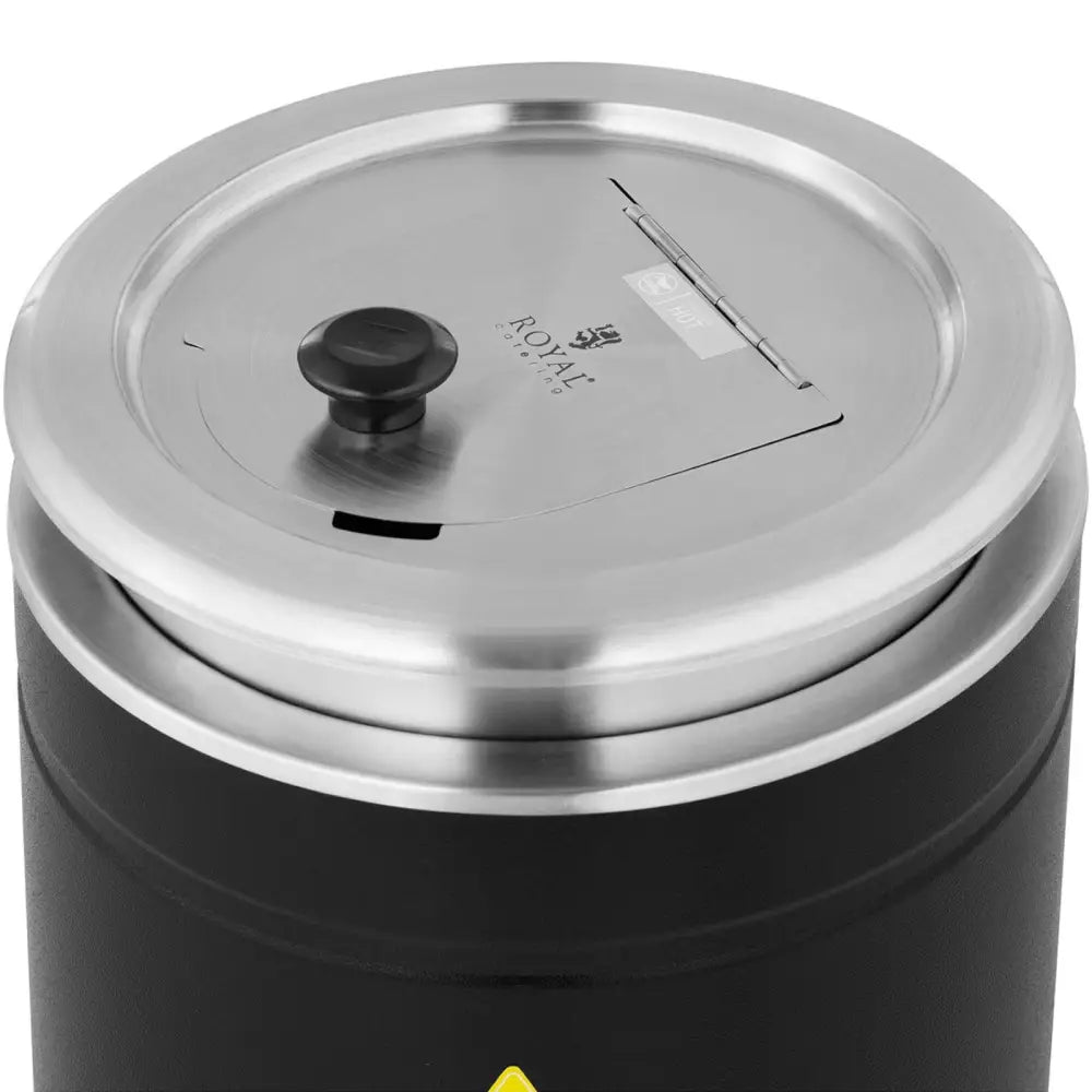 Elektrisk termostatkjele for suppe, 11 liter, sett skrått ovenfra med lokk, håndtak og synlig logo på metallbeholder.